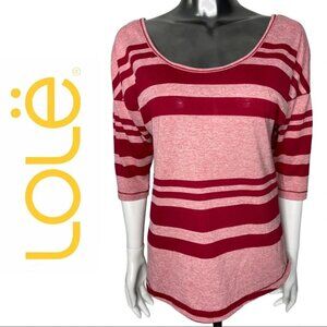 Lole Stripe Poly Linen 3/4 Sleeve Back Detail Top Red Pink Size Extra  Small